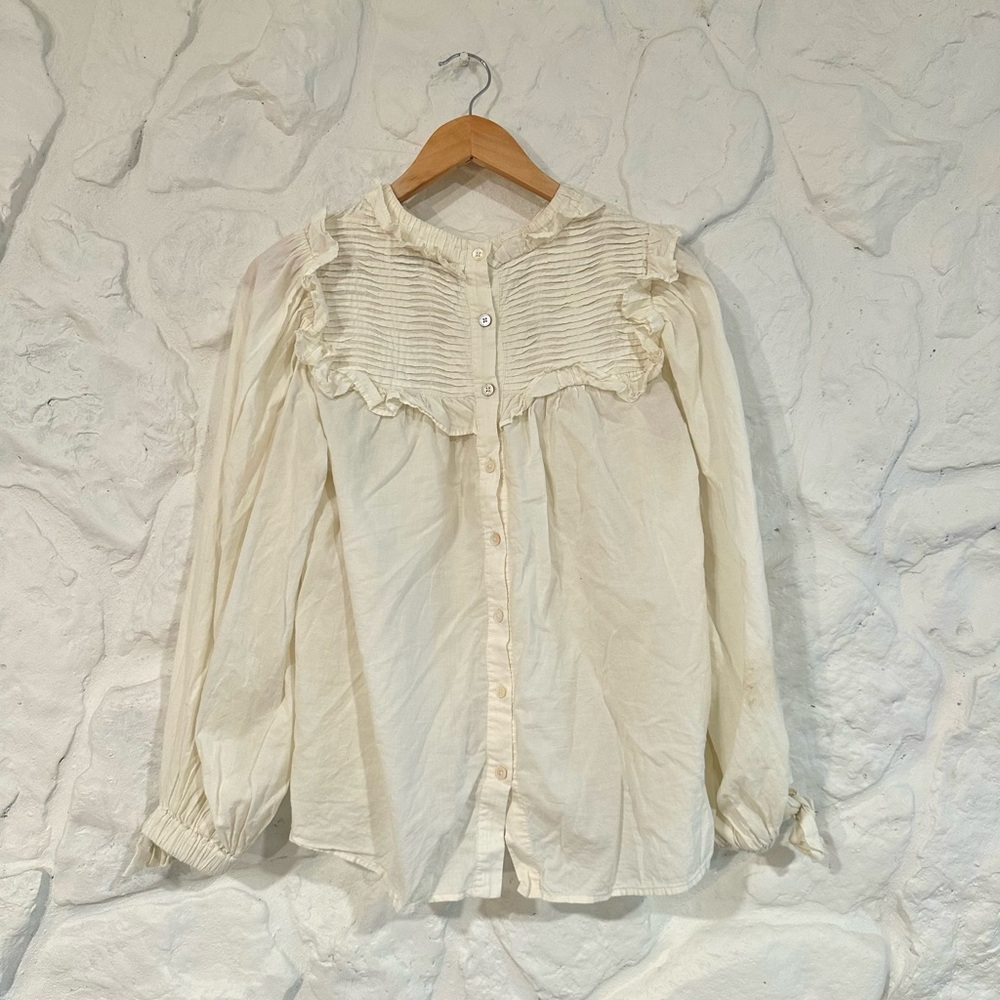 Sea Cream Ruffled Pintuck Long Sleeve Blouse - Picture 2 of 8